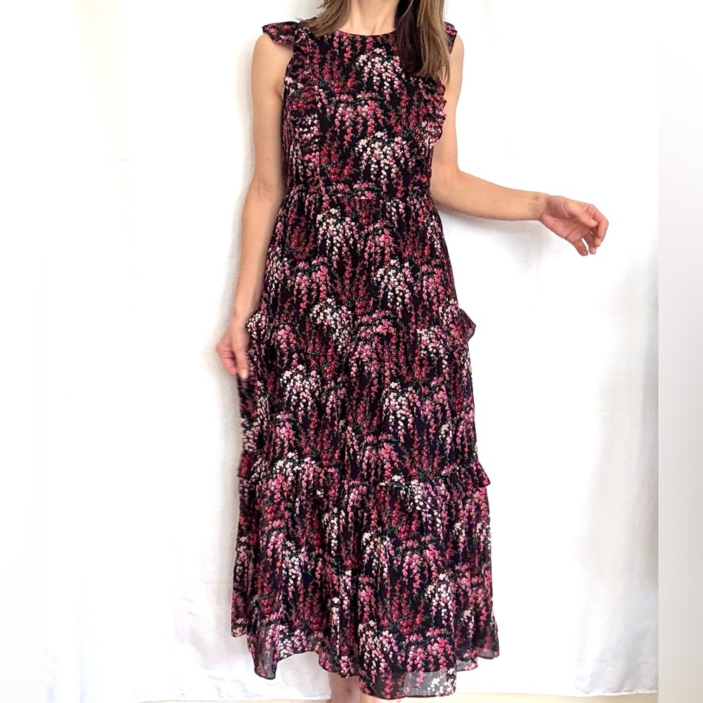 J. Crew Red Pink and Black Floral Tiered Maxi Dress for Weddings size 00